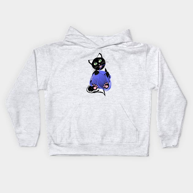 Funny and Cute Tuxedo Cat with a Big Ball of Yarn Kids Hoodie by Art By LM Designs 